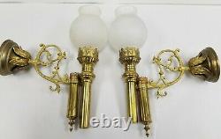 Vtg Antique Gothic Pair Brass Wall Sconce Candle Light Fixture Sign Clear Shade