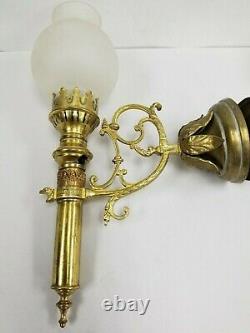 Vtg Antique Gothic Pair Brass Wall Sconce Candle Light Fixture Sign Clear Shade