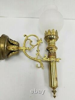 Vtg Antique Gothic Pair Brass Wall Sconce Candle Light Fixture Sign Clear Shade
