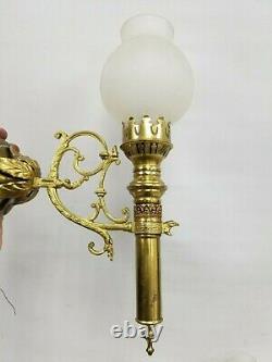 Vtg Antique Gothic Pair Brass Wall Sconce Candle Light Fixture Sign Clear Shade