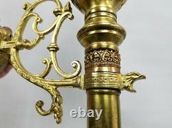 Vtg Antique Gothic Pair Brass Wall Sconce Candle Light Fixture Sign Clear Shade