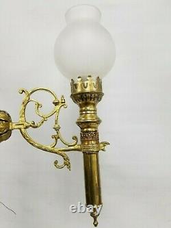 Vtg Antique Gothic Pair Brass Wall Sconce Candle Light Fixture Sign Clear Shade