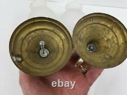 Vtg Antique Gothic Pair Brass Wall Sconce Candle Light Fixture Sign Clear Shade