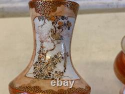 Vtg Antique Japanese Signed Kutani Porcelain Pair of Miniature Vases Birds Dec