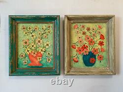 Vtg Multimedia Painting Floral Still Life Original Art Pair Signed Thelma