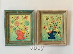 Vtg Multimedia Painting Floral Still Life Original Art Pair Signed Thelma