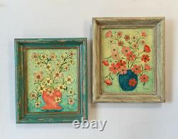 Vtg Multimedia Painting Floral Still Life Original Art Pair Signed Thelma