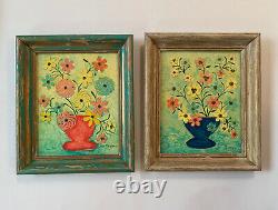 Vtg Multimedia Painting Floral Still Life Original Art Pair Signed Thelma