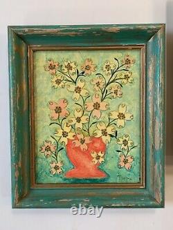 Vtg Multimedia Painting Floral Still Life Original Art Pair Signed Thelma