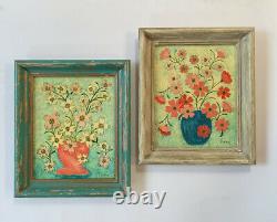 Vtg Multimedia Painting Floral Still Life Original Art Pair Signed Thelma