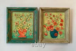 Vtg Multimedia Painting Floral Still Life Original Art Pair Signed Thelma