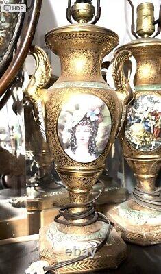 Vtg Sevres Pair French Porcelain Cloisonné Marble Cherub Signed Painted Lamps