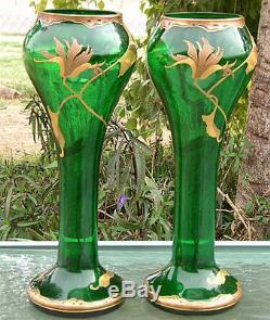 Webb C. 1890 Antique Art Pair Glass Vase Signed Fritz Heckert Or W. Fritsche
