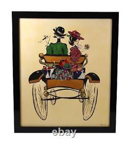 Whimsical Oil Painting On Canvas Antique Car Courting Couple Signed