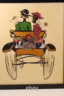 Whimsical Oil Painting On Canvas Antique Car Courting Couple Signed