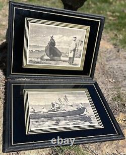 Winslow Homer Pair 1873 Dad's Coming, Gloucester Harbor Framed Matted Antique