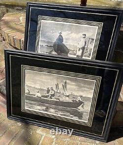 Winslow Homer Pair 1873 Dad's Coming, Gloucester Harbor Framed Matted Antique
