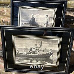 Winslow Homer Pair 1873 Dad's Coming, Gloucester Harbor Framed Matted Antique