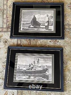 Winslow Homer Pair 1873 Dad's Coming, Gloucester Harbor Framed Matted Antique