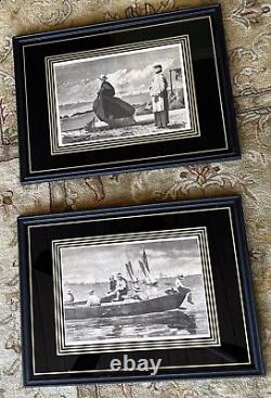 Winslow Homer Pair 1873 Dad's Coming, Gloucester Harbor Framed Matted Antique