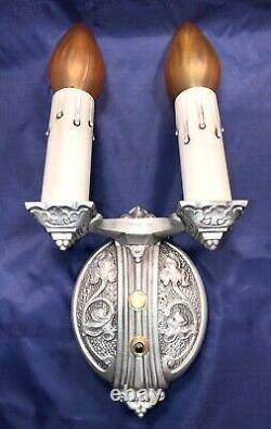 Wired Pair of signed antique riddle sconces Two Arm Sconce Fixtures 1C