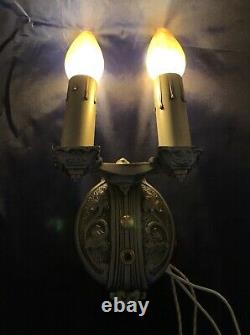 Wired Pair of signed antique riddle sconces Two Arm Sconce Fixtures 1C