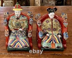 Wonderful Antique Pair Chinese Emperor & Empress Famille Rose Porcelain Statues