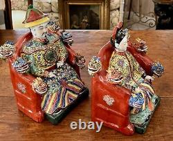 Wonderful Antique Pair Chinese Emperor & Empress Famille Rose Porcelain Statues