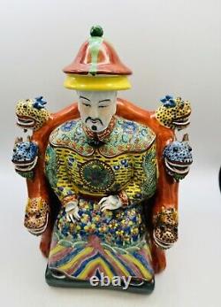 Wonderful Antique Pair Chinese Emperor & Empress Famille Rose Porcelain Statues