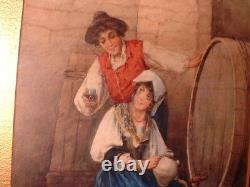 Wonderful Antique Watercolor of Couple At Winery Signed Fabio Roma