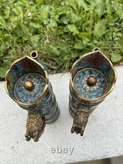 Wonderful Rare Pair of Chinese Gilt Copper Cloisonne Enamel Tibetan Ewers 9 In