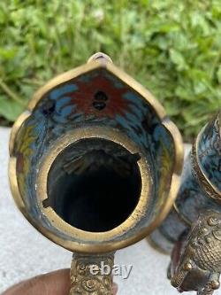 Wonderful Rare Pair of Chinese Gilt Copper Cloisonne Enamel Tibetan Ewers 9 In