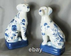 Wong Lee 1895 Porcelain Pair of Blue & White Floral Mantle Book End Dog Statues