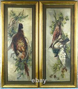 XL 42.5 pair antique flemish oil panel hunting trophy painting birds signed