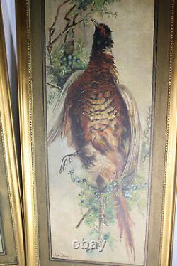 XL 42.5 pair antique flemish oil panel hunting trophy painting birds signed