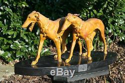 XL Art deco 1930 SCALI signed Pair couple greyhounds whippets spelter bronze